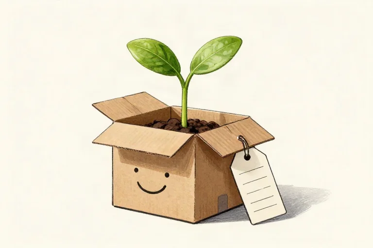 A friendly sourcing box with a growing plant