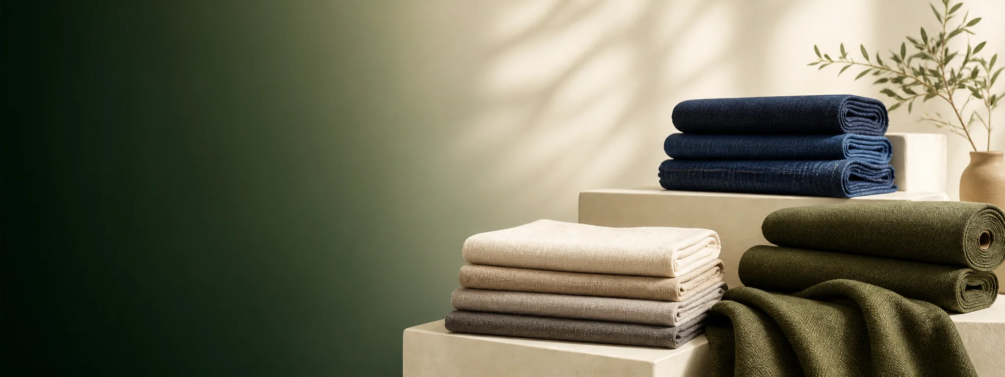 Folded premium fabrics in navy, natural and olive tones